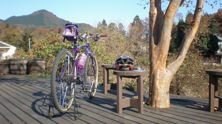 ウッドデッキの上で自転車メンテナンス ガレージライフ